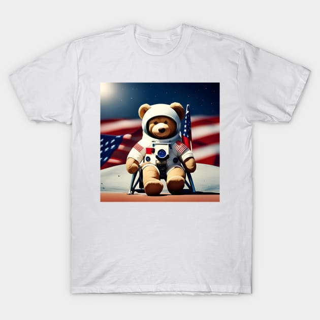 Teddy in a Space suit sitting on a deck chair on the Moon T-Shirt by Colin-Bentham